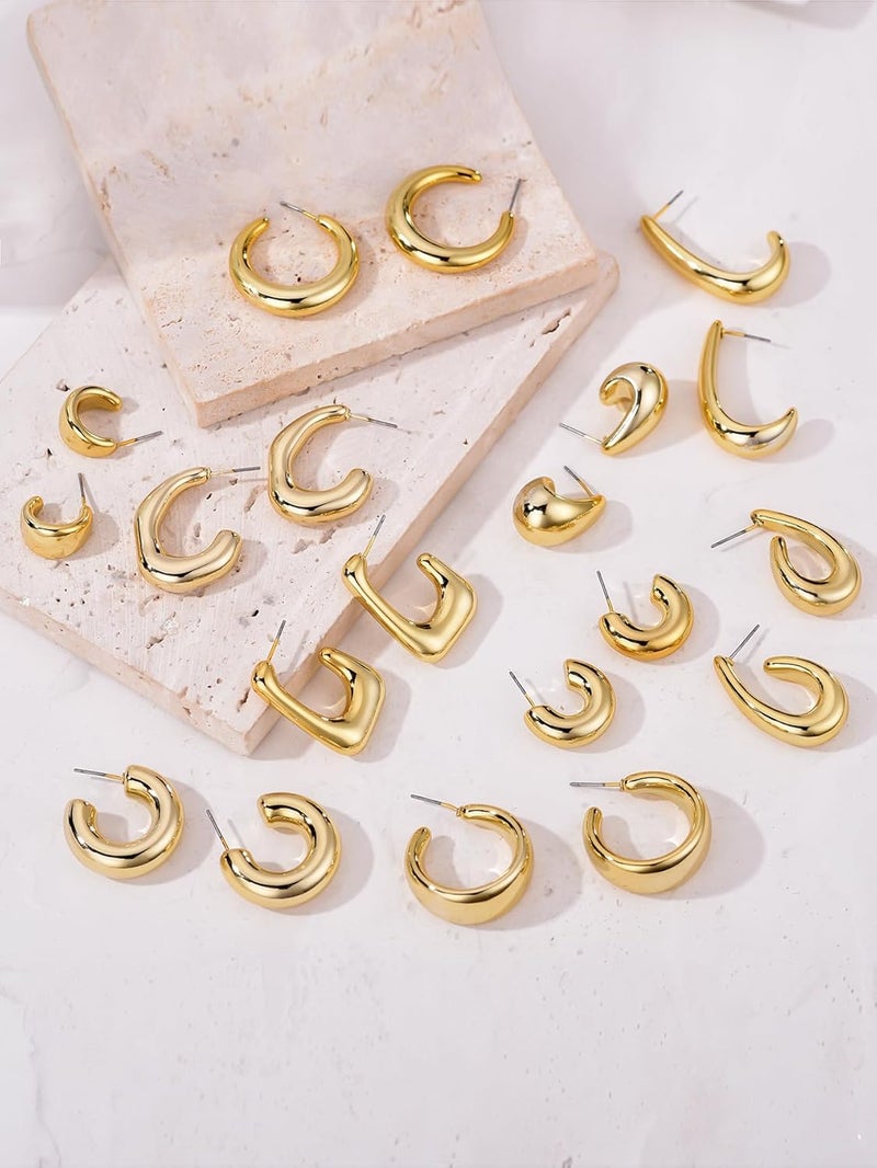FOURPG 10 Pairs Hypoallergenic Chunky Gold Dangle Earrings for Women Trendy Thick Gold Plated Hoop Earrings Set Lightweight Jewelry - Image 4